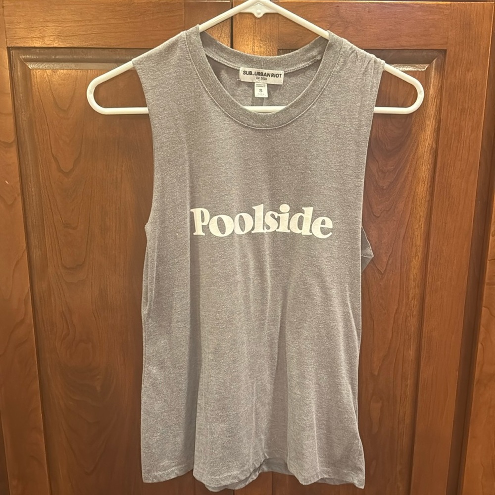 Grey with white letters graphic muscle tee.